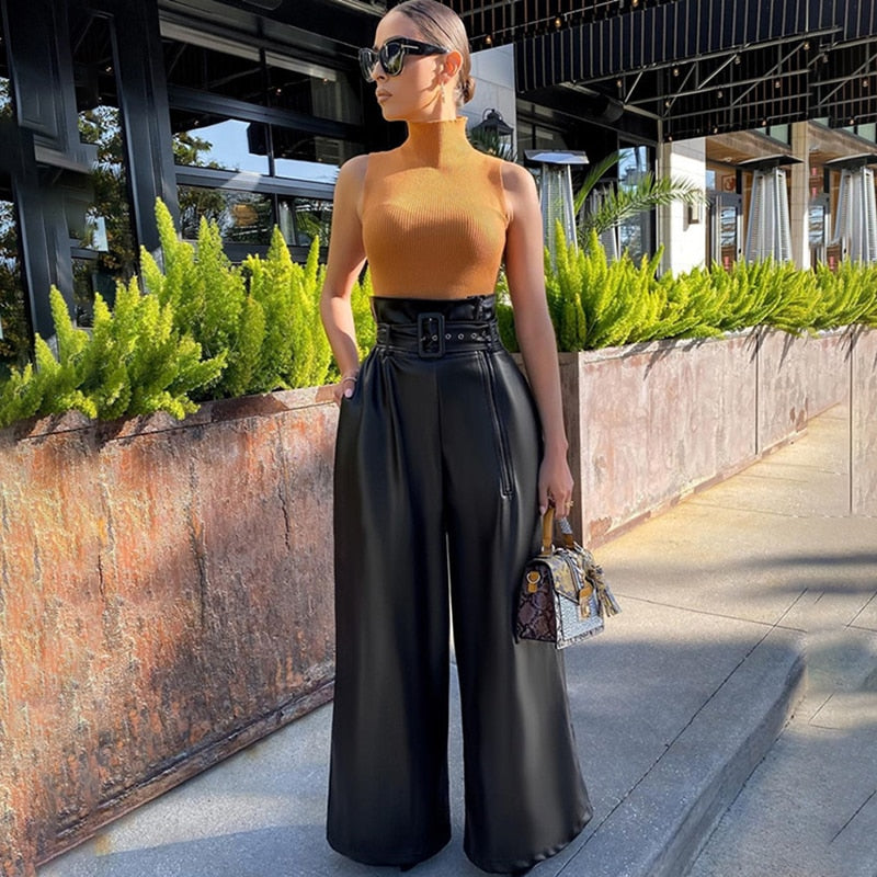 Wefads Women's PU Leather Pants Nightclub Metal Belt Wide Leg Pants
