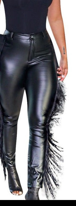 Black Faux Leather Fringe Pants