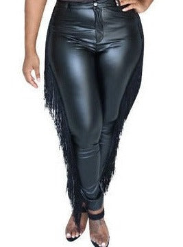 Black Faux Leather Fringe Pants