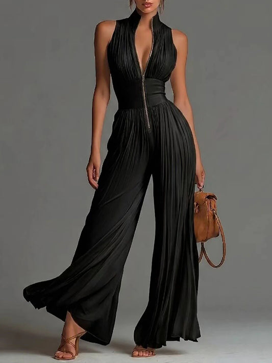 Essence of a Woman Zip Up High Waist Pleated Wide Leg Pants Jumpsuit