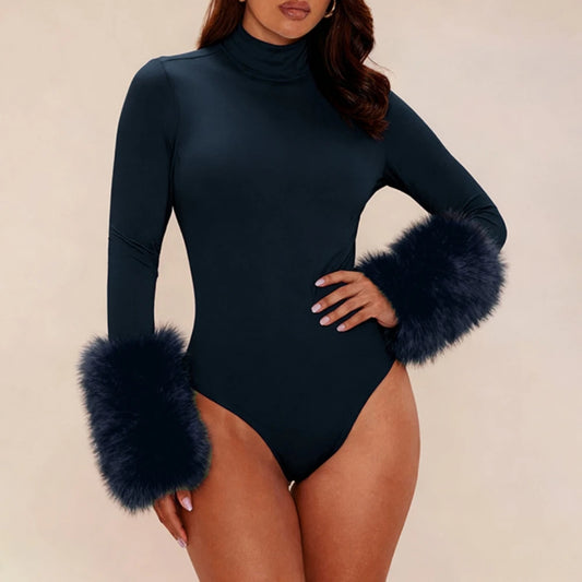 Dare to Dominate Long Sleeve Fur Trim Bodysuit + Mini Shorts Combo
