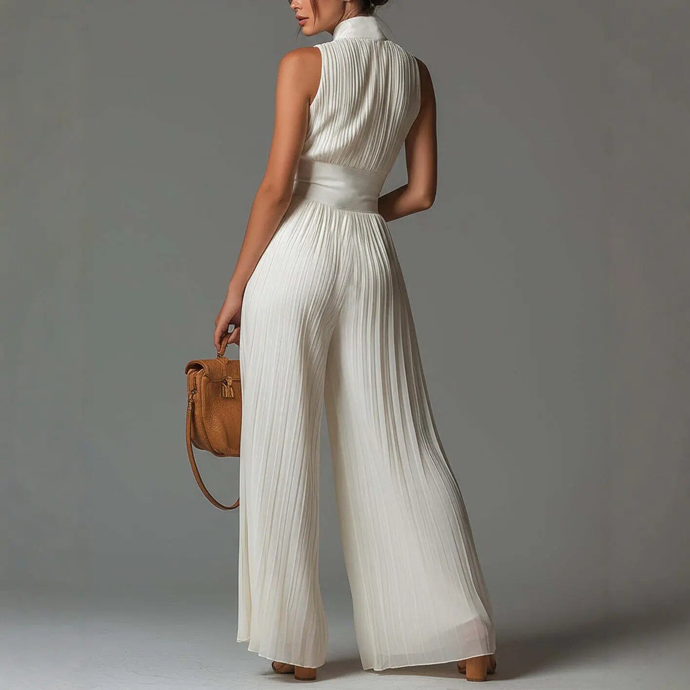 Essence of a Woman Zip Up High Waist Pleated Wide Leg Pants Jumpsuit