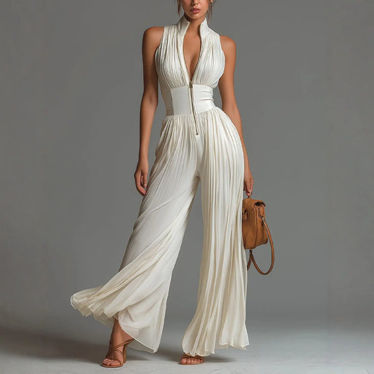 Essence of a Woman Zip Up High Waist Pleated Wide Leg Pants Jumpsuit
