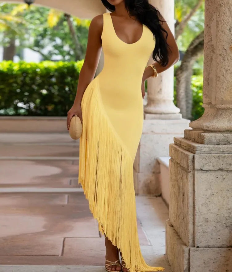 Better Late Than Never Fringe Trim Sculpted Maxi Dress