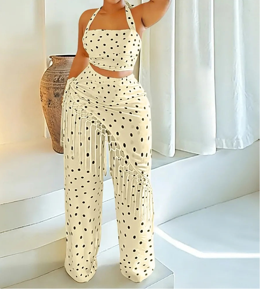 Cape Town Crop Halter Polka Dot Wide Leg Pants Set