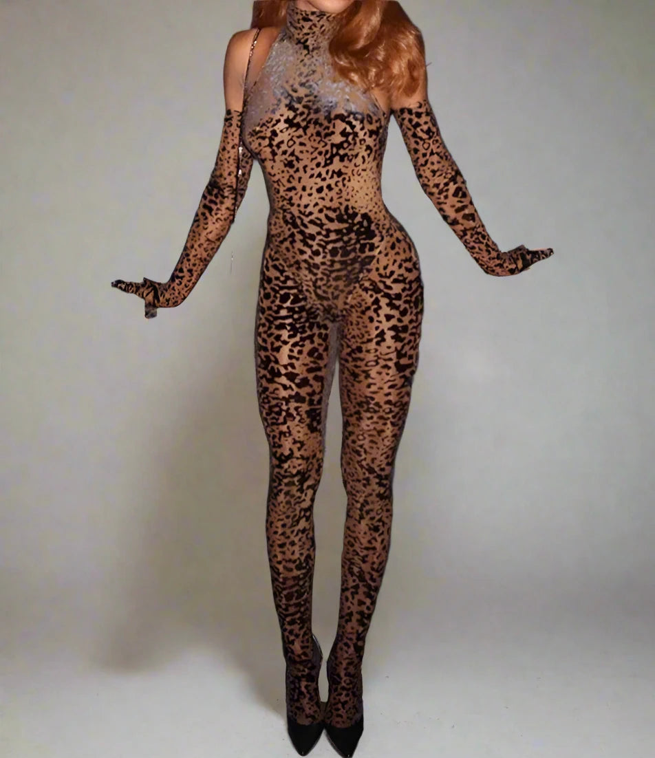 Look But Don't Touch Leopard High Neck Jumpsuit w/ Gloves