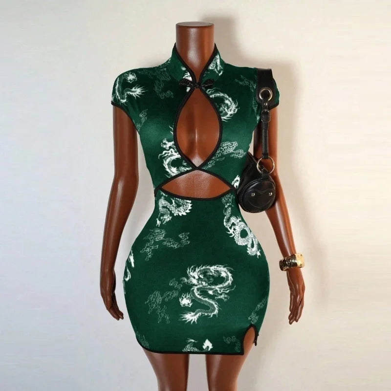 Secret Weapon Mandarin Collar Cutout Print Mini Dress