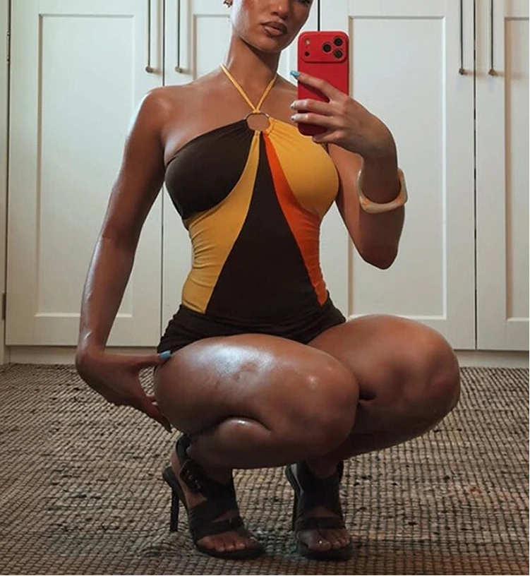 Gorgeous and Grounded Color Block Loop Halter Shorts Romper