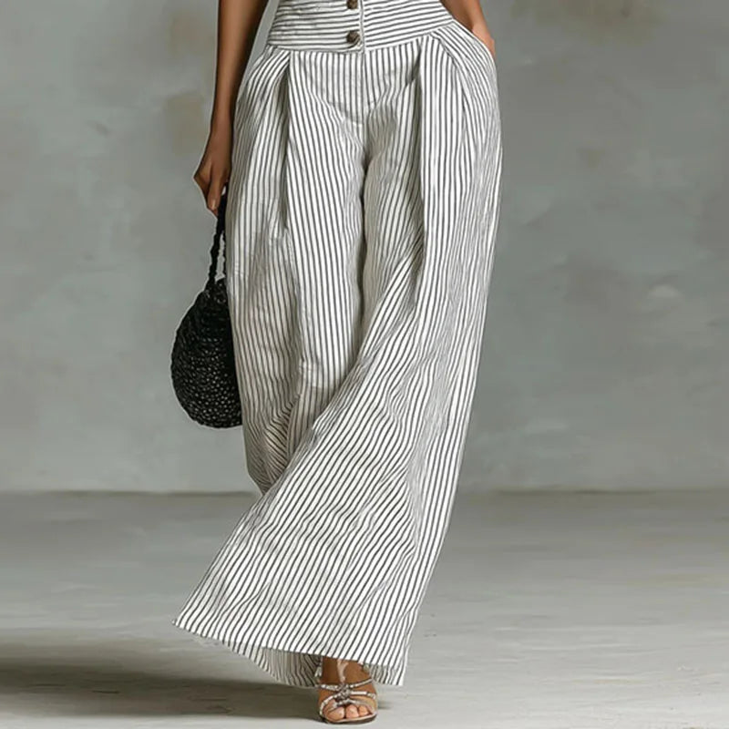 First Lady Wide Leg High Waist Stripe Pants Halter Jumpsuit Romper
