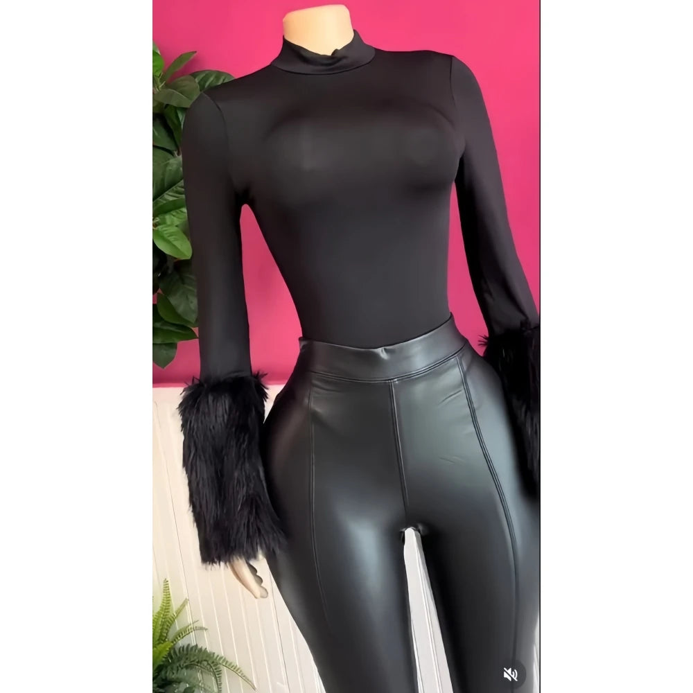 Dare to Dominate Long Sleeve Fur Trim Bodysuit + Mini Shorts Combo