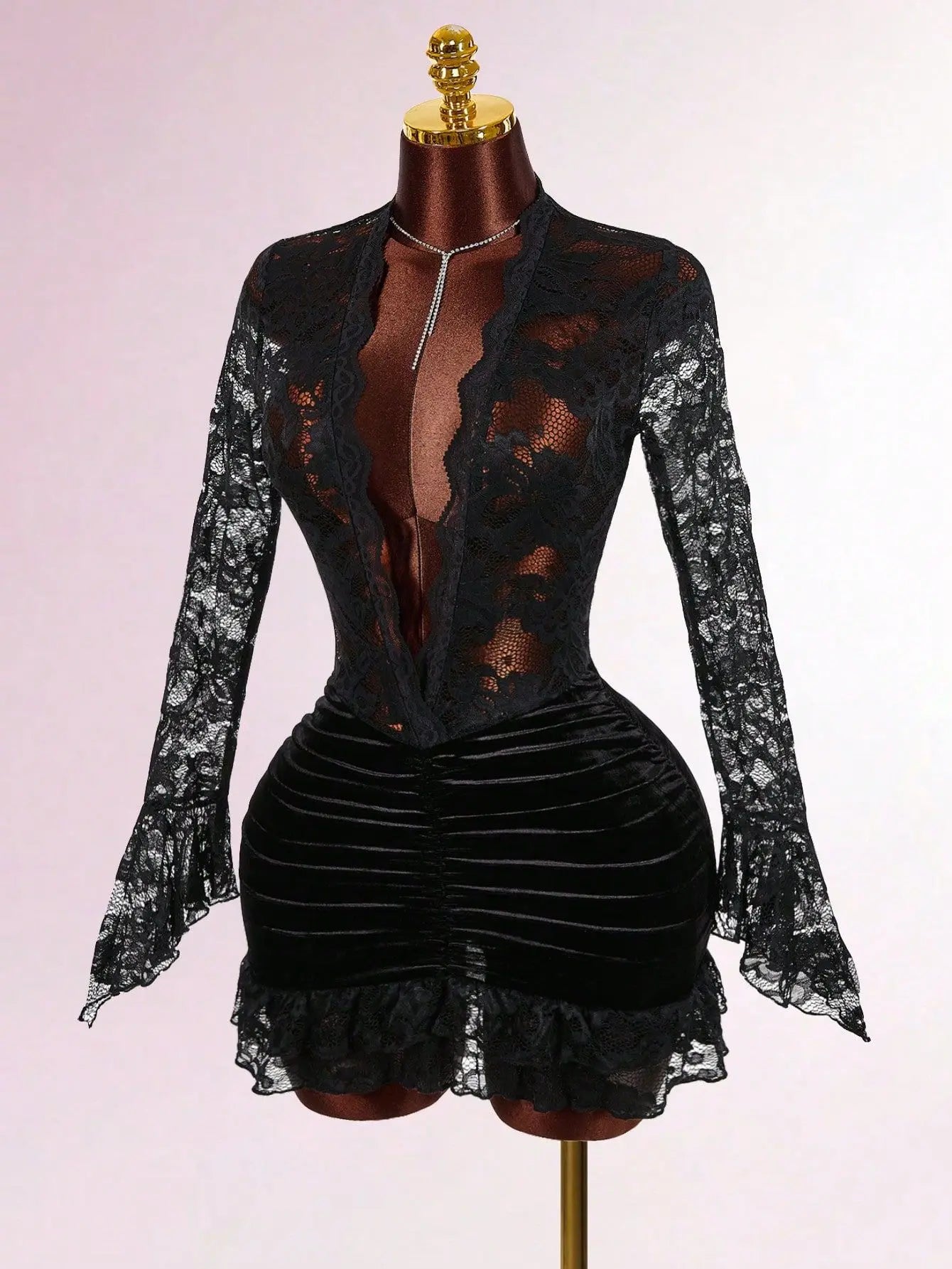 Moulin Rouge Low Cut Velvet Ruched Lace Mini Dress
