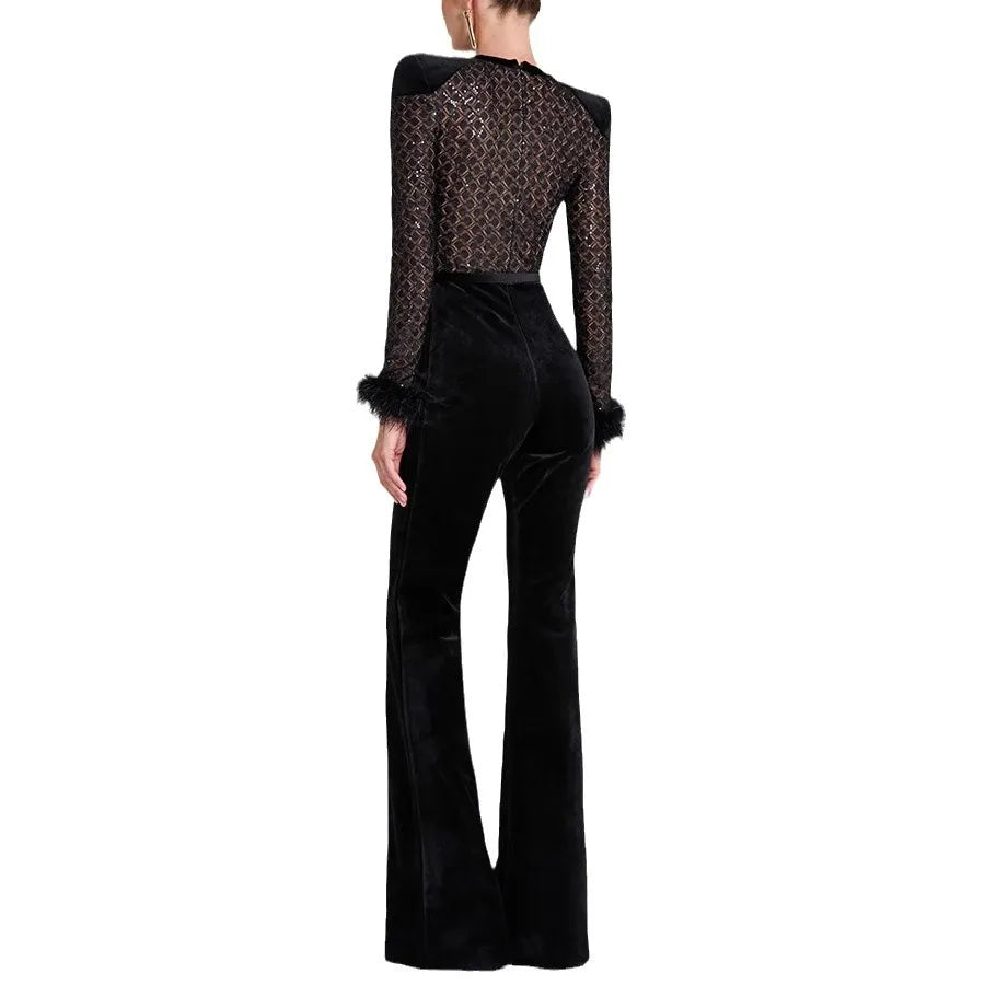 Her Majesty Long Sleeve Fur Trim Velvet Jumpsuit