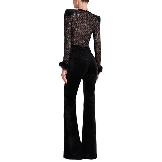 Her Majesty Long Sleeve Fur Trim Velvet Jumpsuit