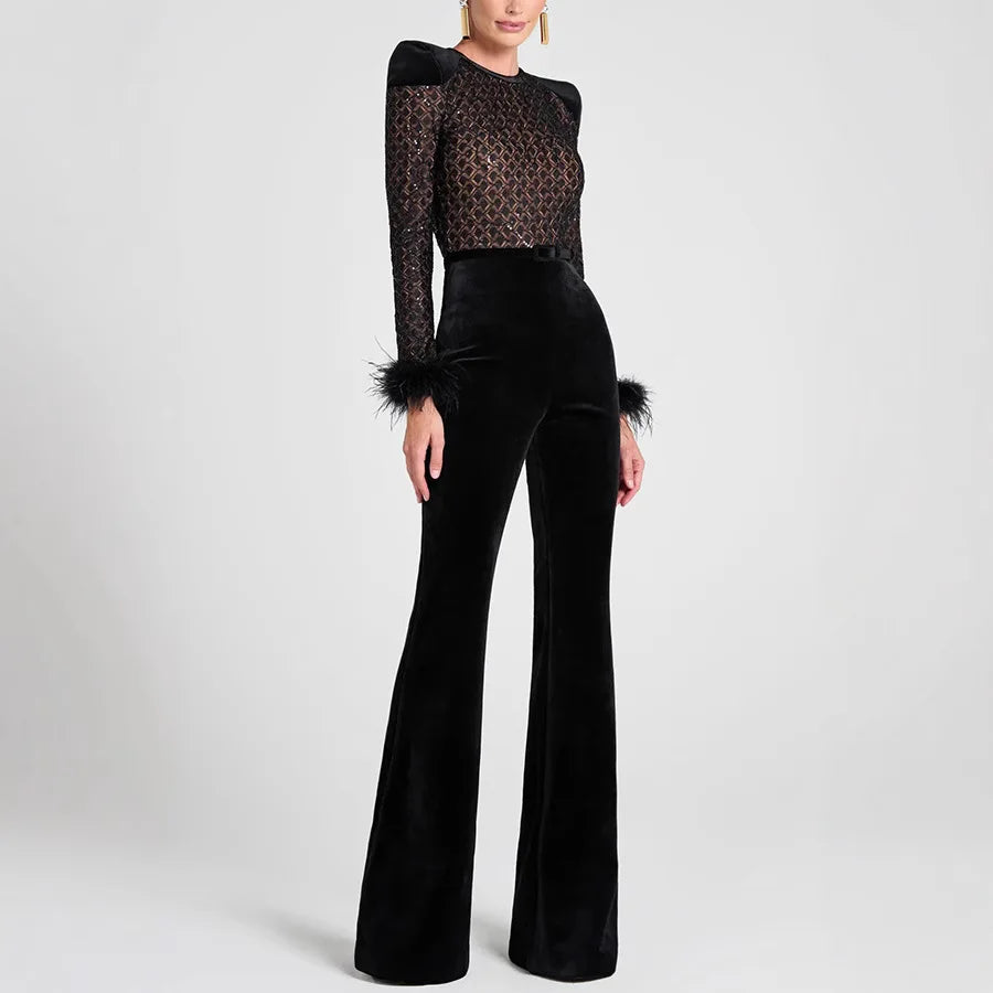 Her Majesty Long Sleeve Fur Trim Velvet Jumpsuit