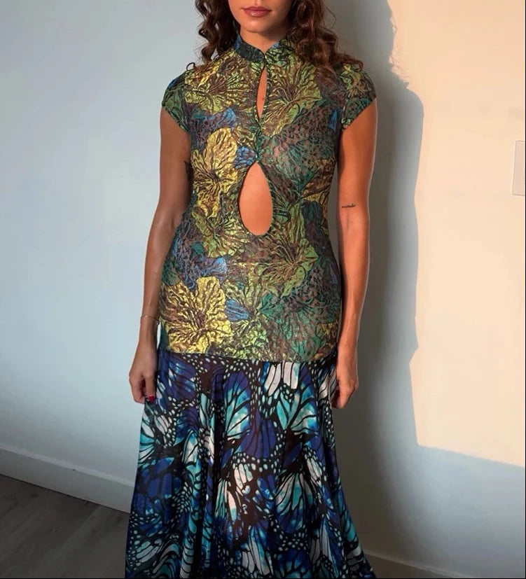 Tuch`e Mandarian Keyhole collar Drop Waist Print Maxi Dress