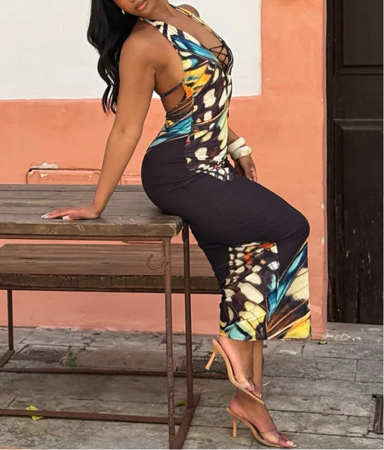 Social Butterfly Print Lace Up Halter Maxi Dress