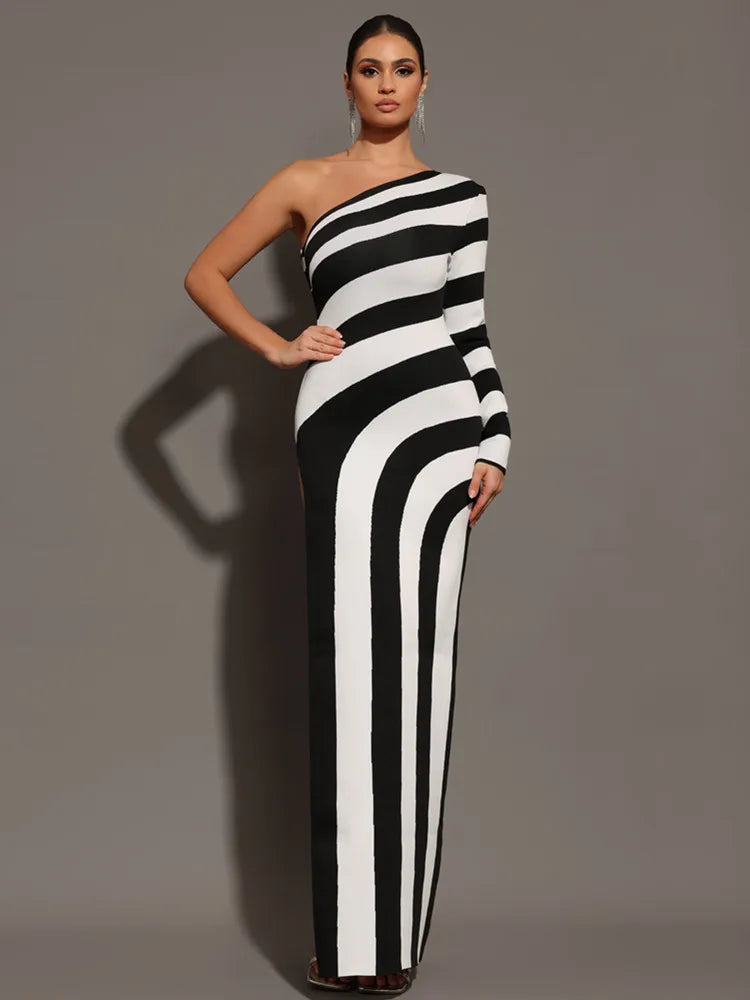 Fine Line Long Sleeve One Shoulder High Split Dress