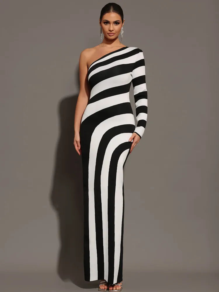 Fine Line Long Sleeve One Shoulder High Split Dress