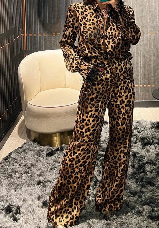 Lux Life Leopard Print Feather Trim Sleeve Pants Set