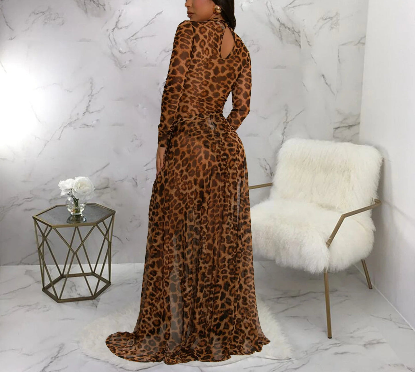 Yours Truly Animal Print Mesh Bodysuit + High Split Wrap Skirt Combo