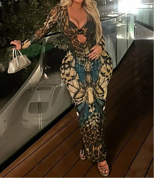 Middle of the Ocean Abstract Print Keyhole Mesh Dress