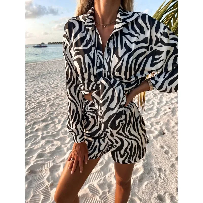 Sundays in St. Tropez Print Button Down Blouse + Shorts and Scarf Set