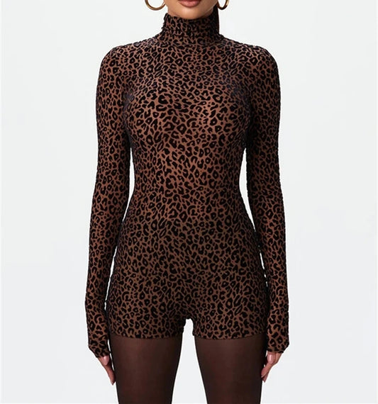 Fall in Line Leopard Print Long Sleeve Turtle Neck Romper