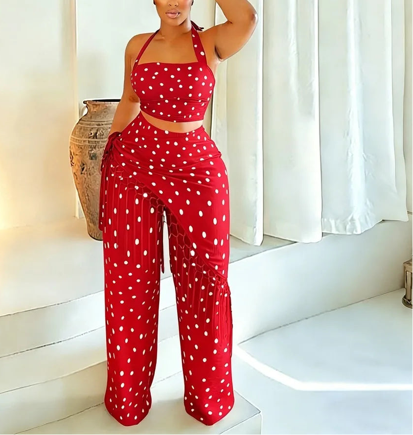 Cape Town Crop Halter Polka Dot Wide Leg Pants Set