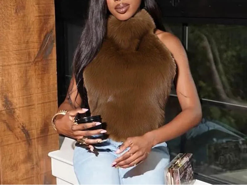 Dust Your Shoulder Off Faux Fur High Neck Halter