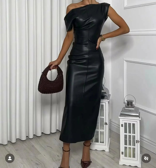 Lowkey High Fashion Asymmetrical Faux Leather Midi Dress