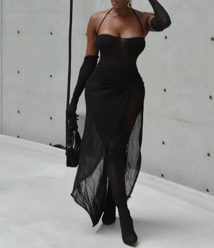 Beautiful Nightmare Two-Piece Mesh Jumpsuit W/ Wrap Skirt + Gloves