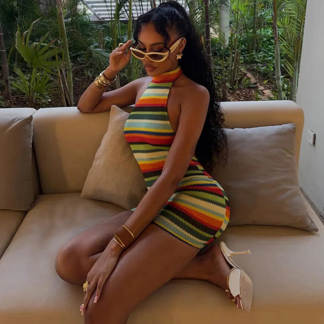 Look But Don't Touch Knit Multicolor Halter Mini Dress