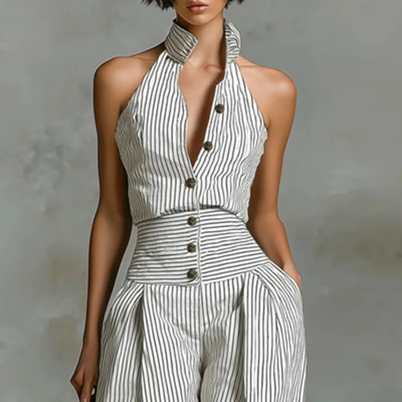 First Lady Wide Leg High Waist Stripe Pants Halter Jumpsuit Romper
