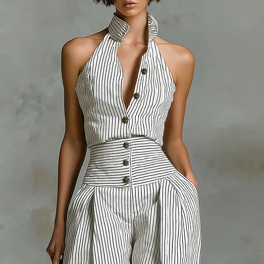 First Lady Wide Leg High Waist Stripe Pants Halter Jumpsuit Romper