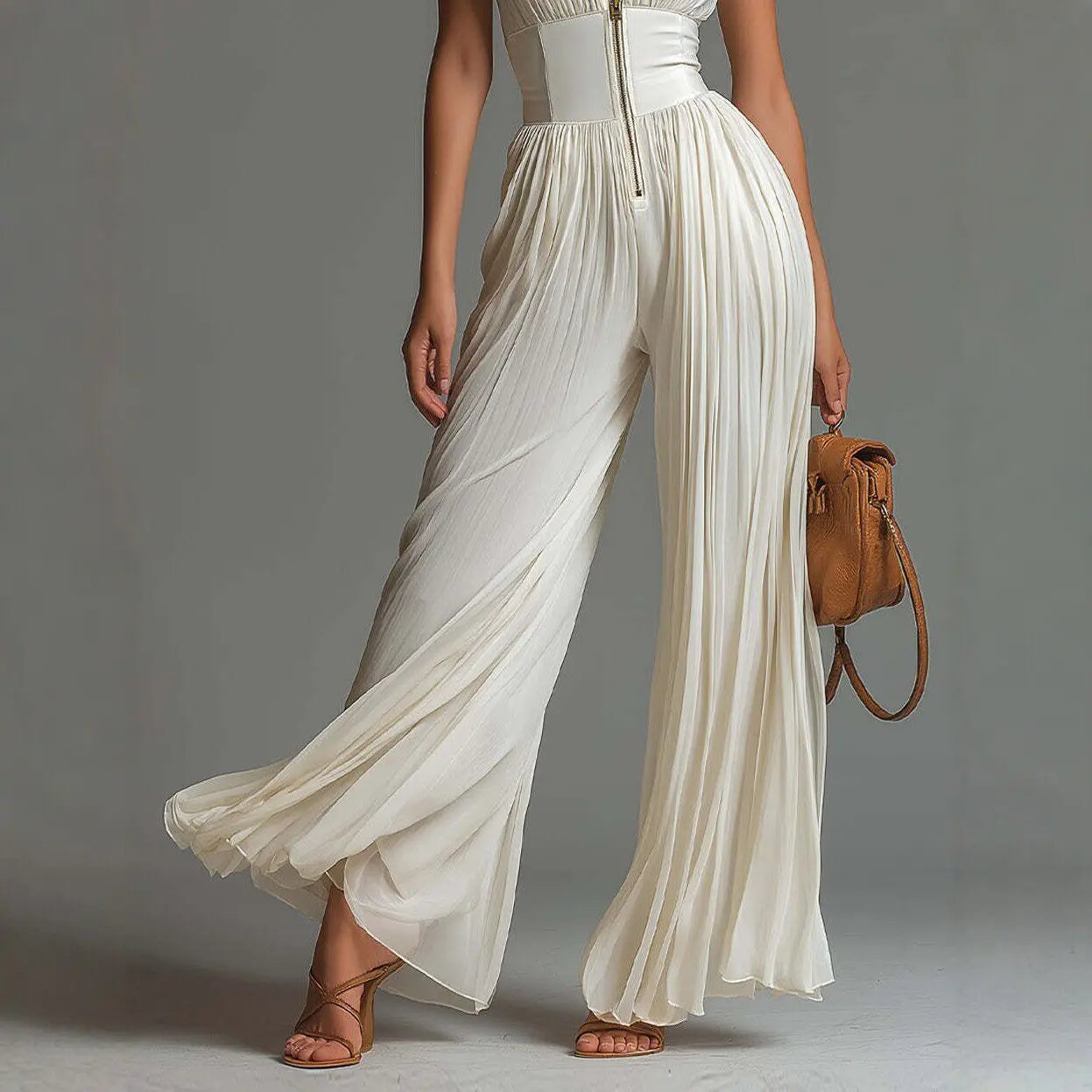 Essence of a Woman Zip Up High Waist Pleated Wide Leg Pants Jumpsuit