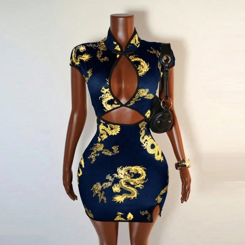Secret Weapon Mandarin Collar Cutout Print Mini Dress