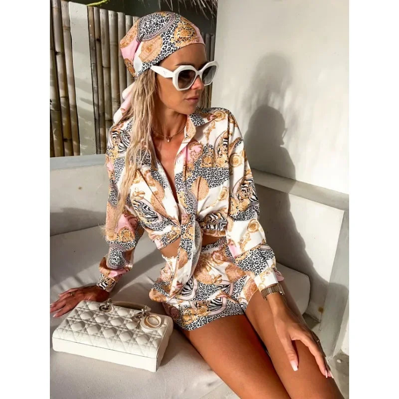 Sundays in St. Tropez Print Button Down Blouse + Shorts and Scarf Set
