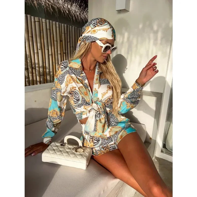 Sundays in St. Tropez Print Button Down Blouse + Shorts and Scarf Set