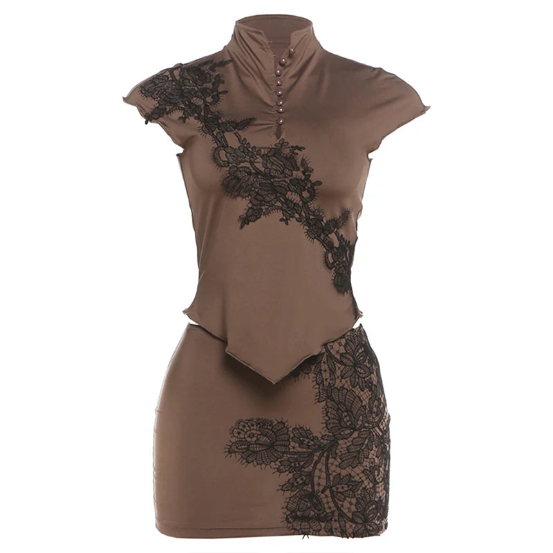 On the Radar Mandarin Collar Lace Embroidered Mini Skirt Two Piece Set