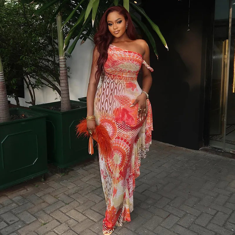 Bahama Mama Roped Shoulder Strap Tassel Print Maxi Dress