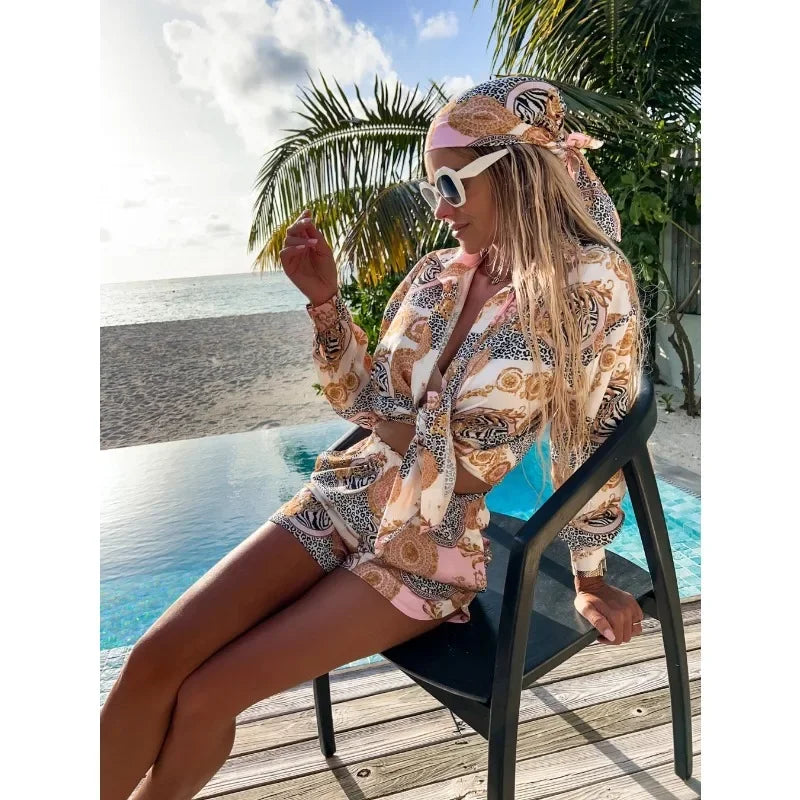 Sundays in St. Tropez Print Button Down Blouse + Shorts and Scarf Set