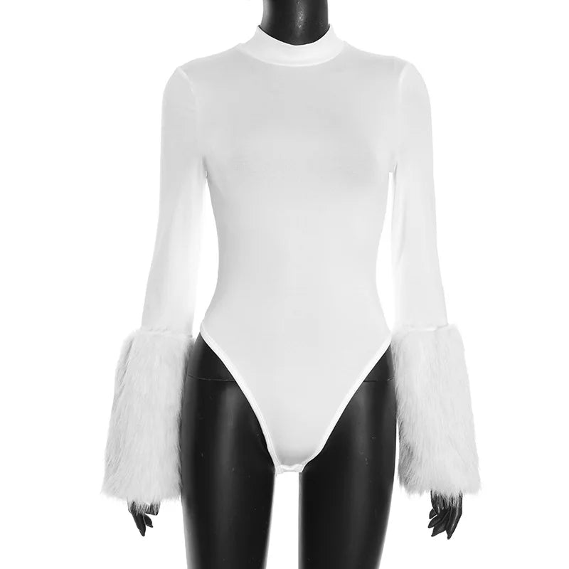 Dare to Dominate Long Sleeve Fur Trim Bodysuit + Mini Shorts Combo