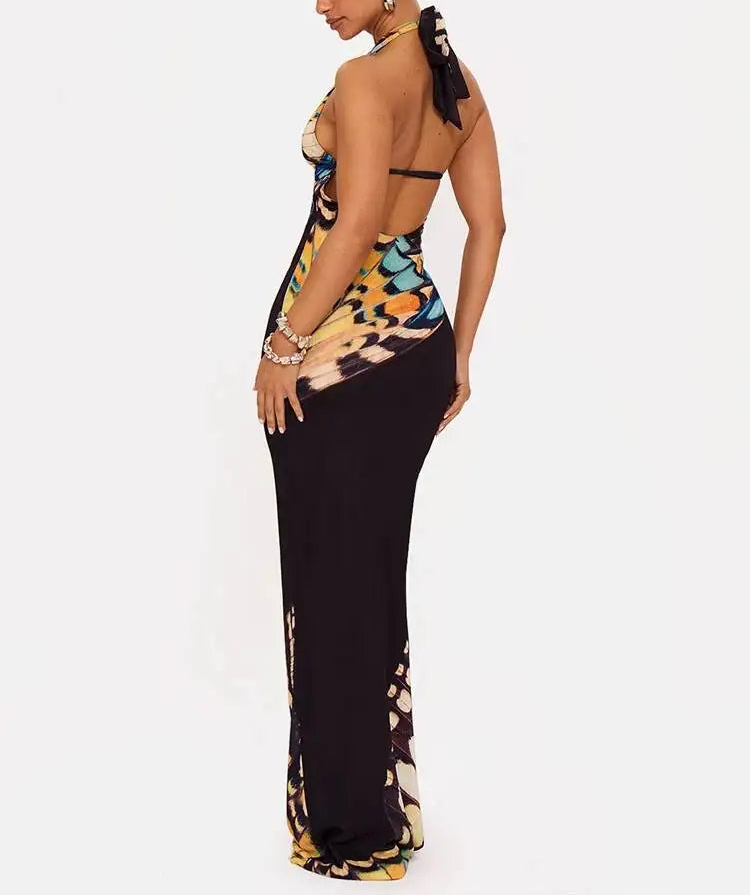 Social Butterfly Print Lace Up Halter Maxi Dress