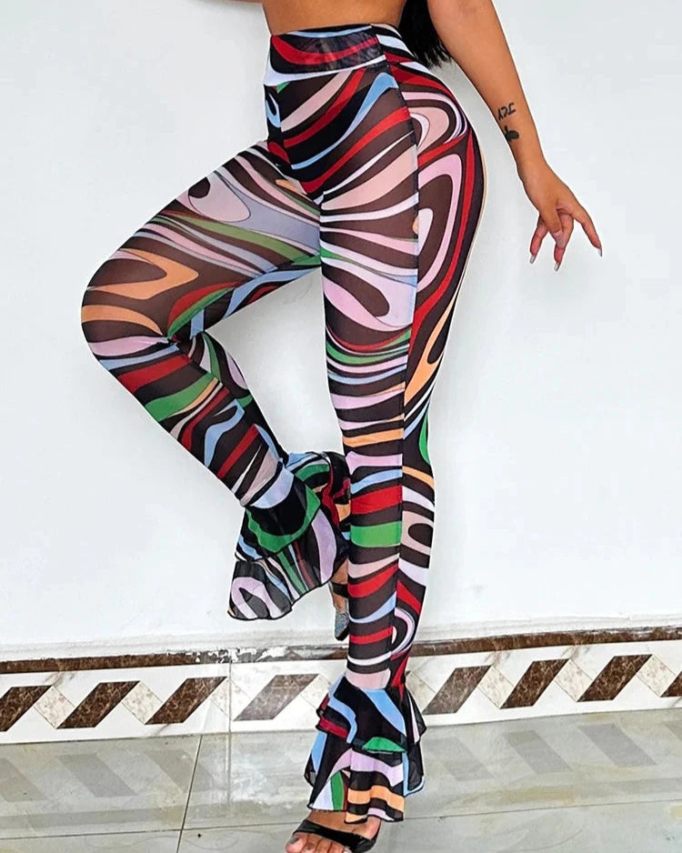 Psychedelic Print Ruffle Flare High Waisted Mesh Pants