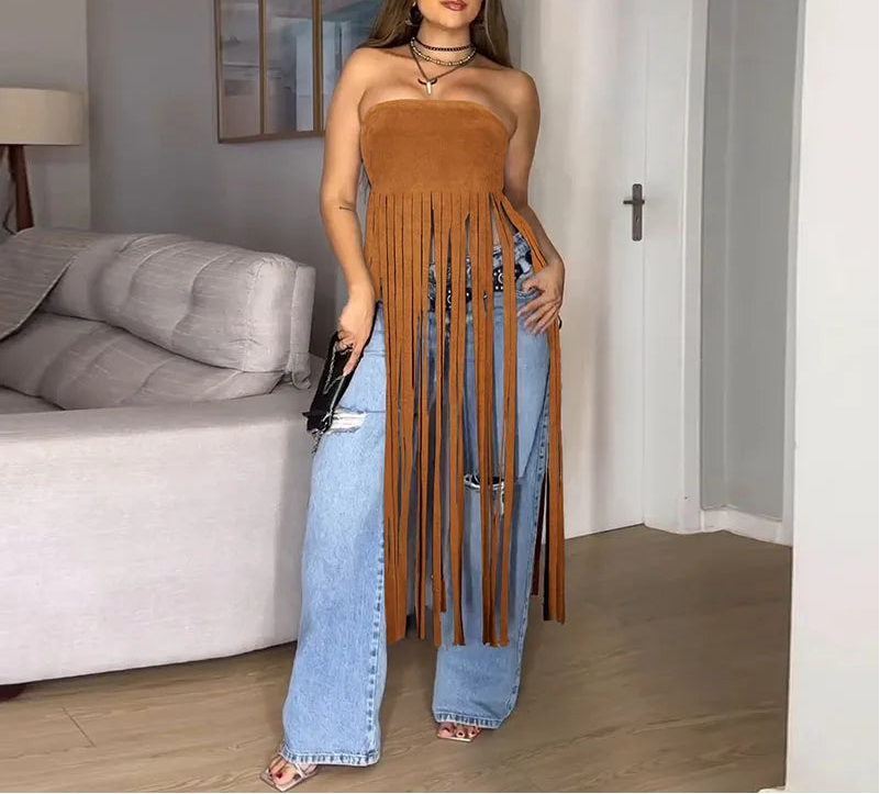 Pull Some Strings Strapless Fringe Top