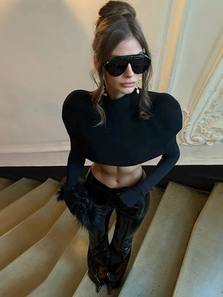 Mystery Woman Shoulder Pad Glove Sleeve Crop Turtleneck