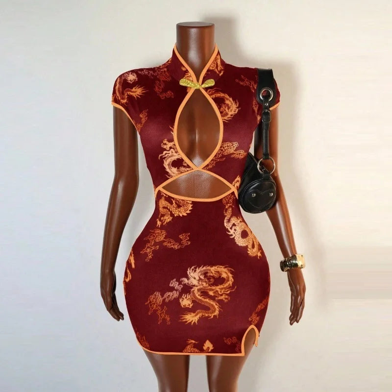 Secret Weapon Mandarin Collar Cutout Print Mini Dress