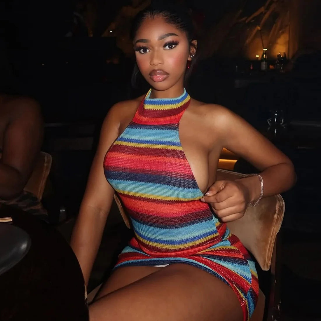 Look But Don't Touch Knit Multicolor Halter Mini Dress