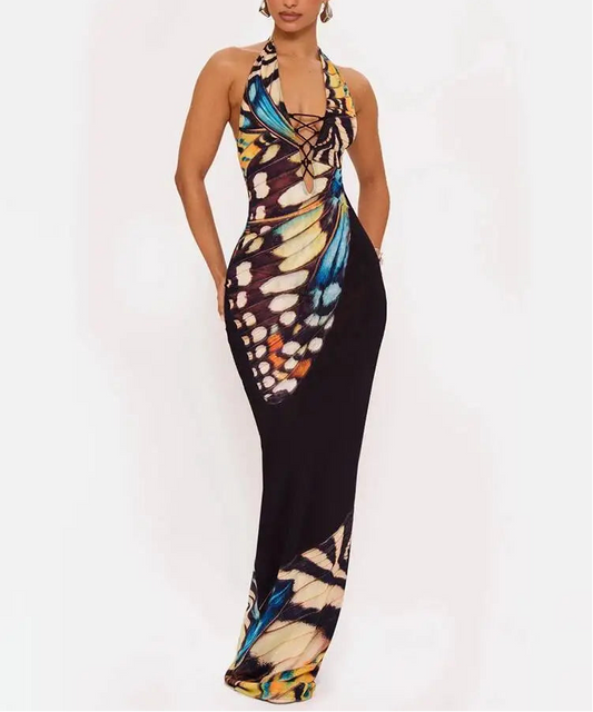 Social Butterfly Print Lace Up Halter Maxi Dress