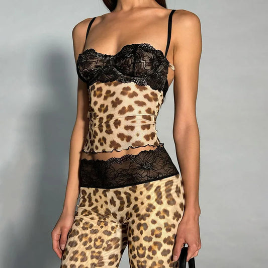 Want My Spot Lace Trim Leopard Pants Set